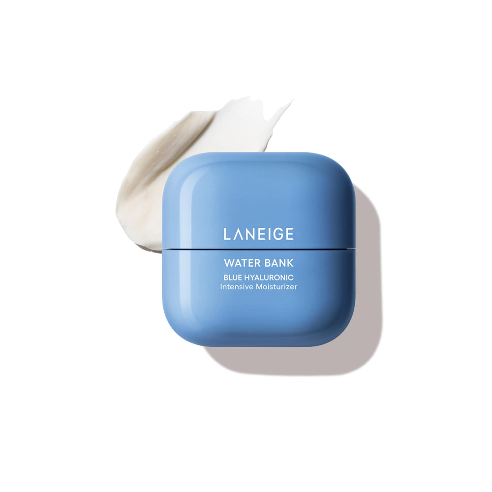 LANEIGE Water Bank Blue Hyaluronic mini en caja, hidratación duradera para piel seca.