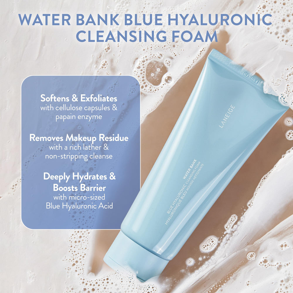 LANEIGE Water Bank Cleansing Foam blue hyaluronic acid droplets hydrate skin.