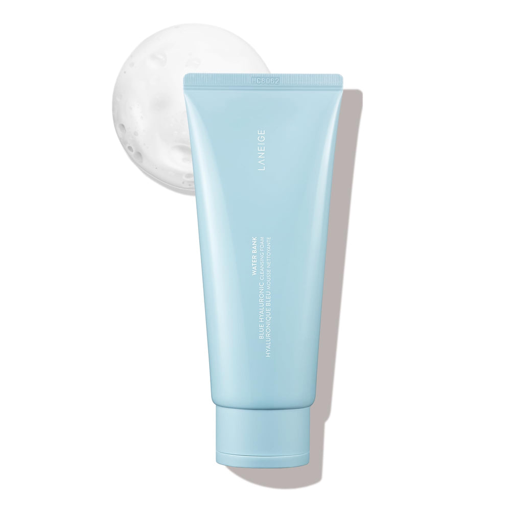 LANEIGE Water Bank Cleansing Foam bottle closeup highlights hydrating cleanse.