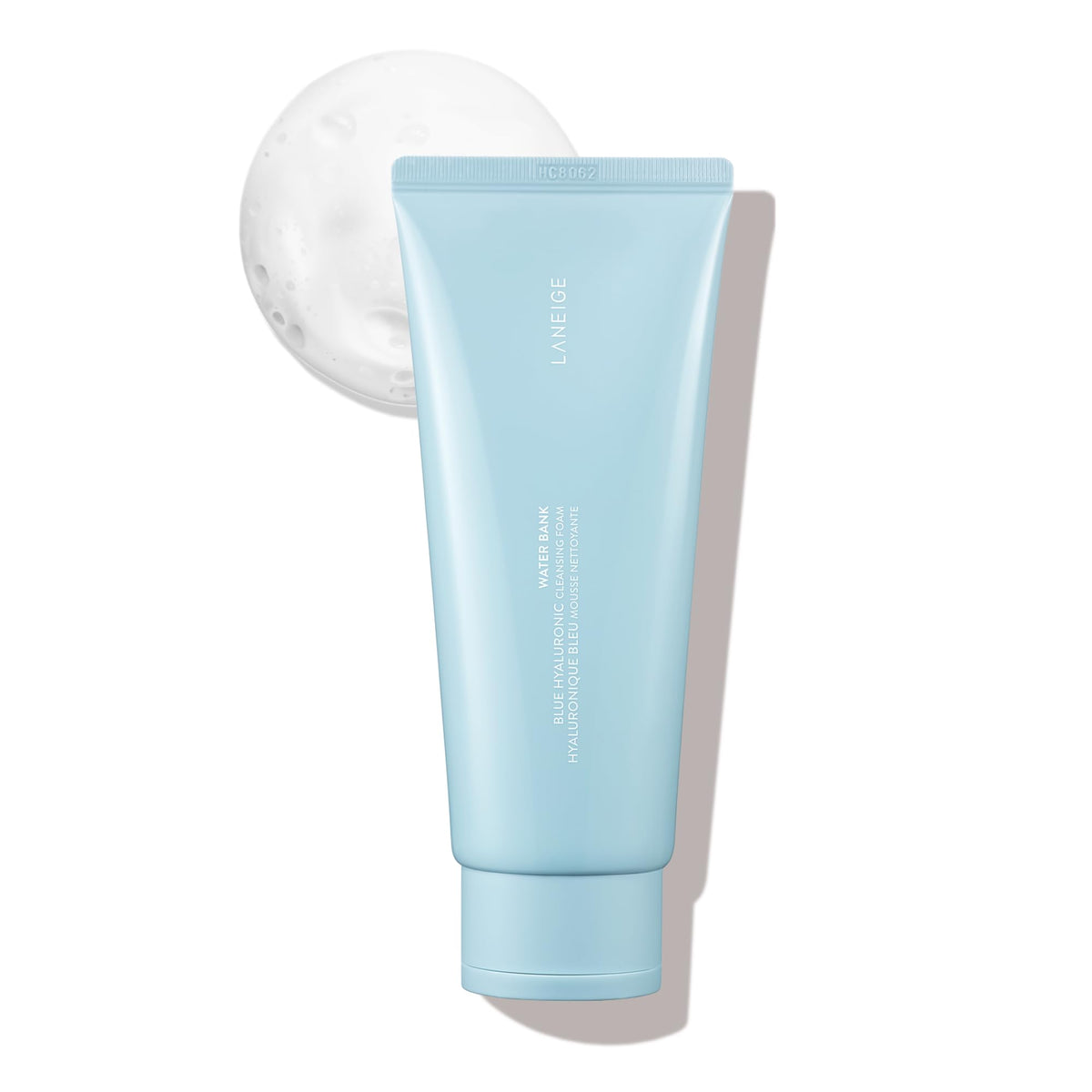 LANEIGE Water Bank Cleansing Foam bottle closeup highlights hydrating cleanse.