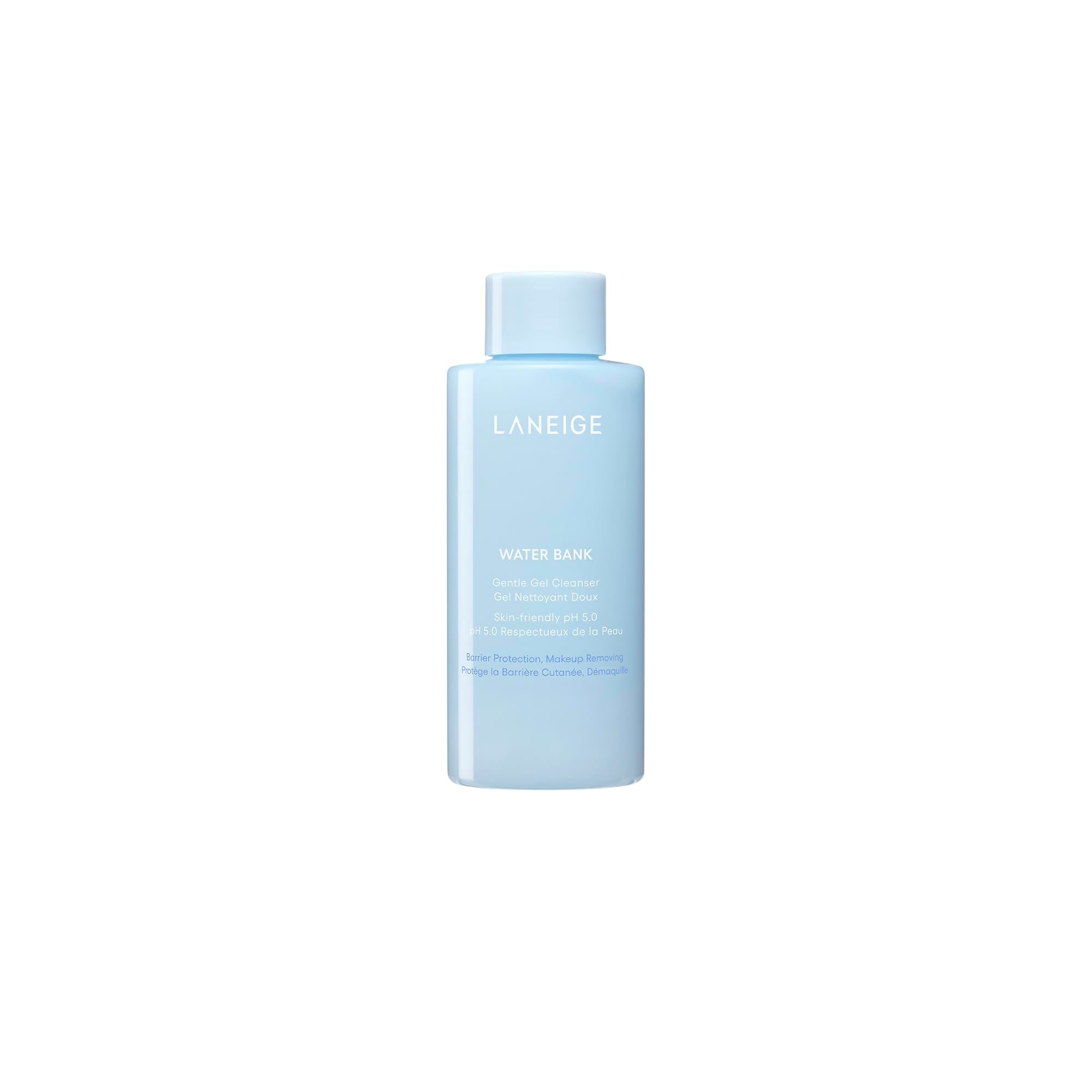 LANEIGE Water Bank Gel Mini en botella, limpieza suave sin resecar la piel.