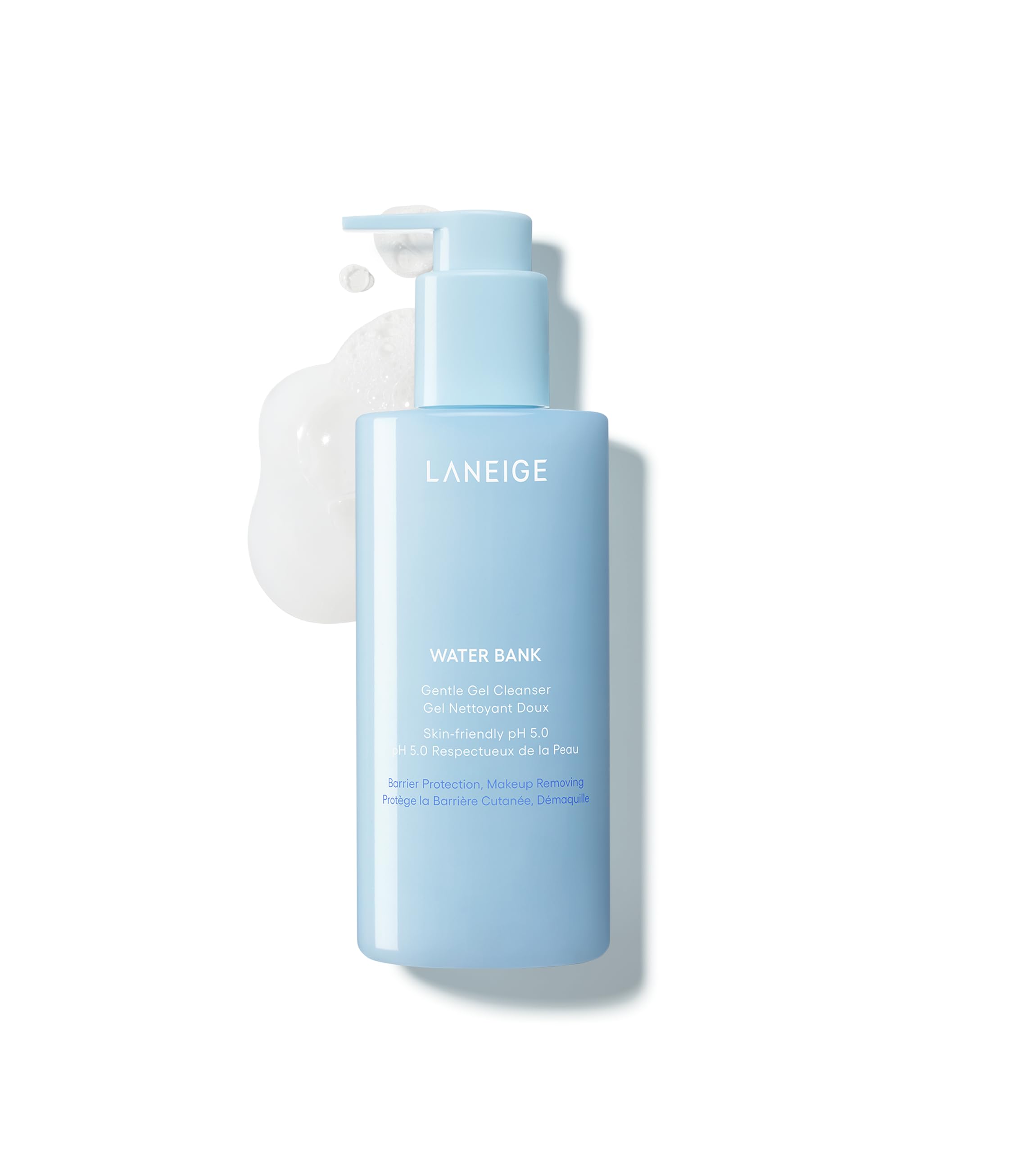 LANEIGE Water Bank Gentle Gel Cleanser bottle highlighting hydrating, pH-balanced cleansing.