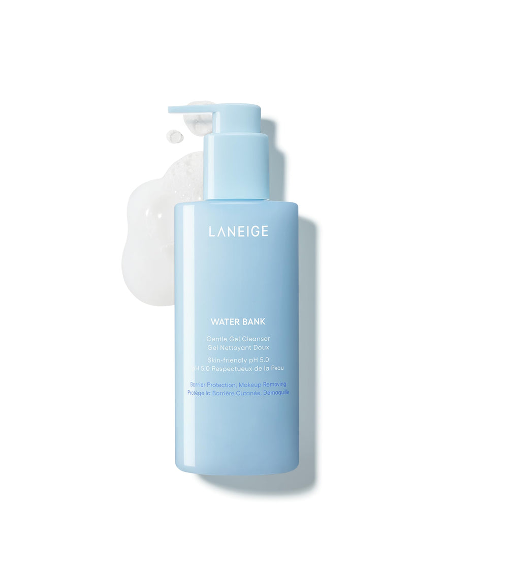 LANEIGE Water Bank Gentle Gel Cleanser bottle highlighting hydrating, pH-balanced cleansing.