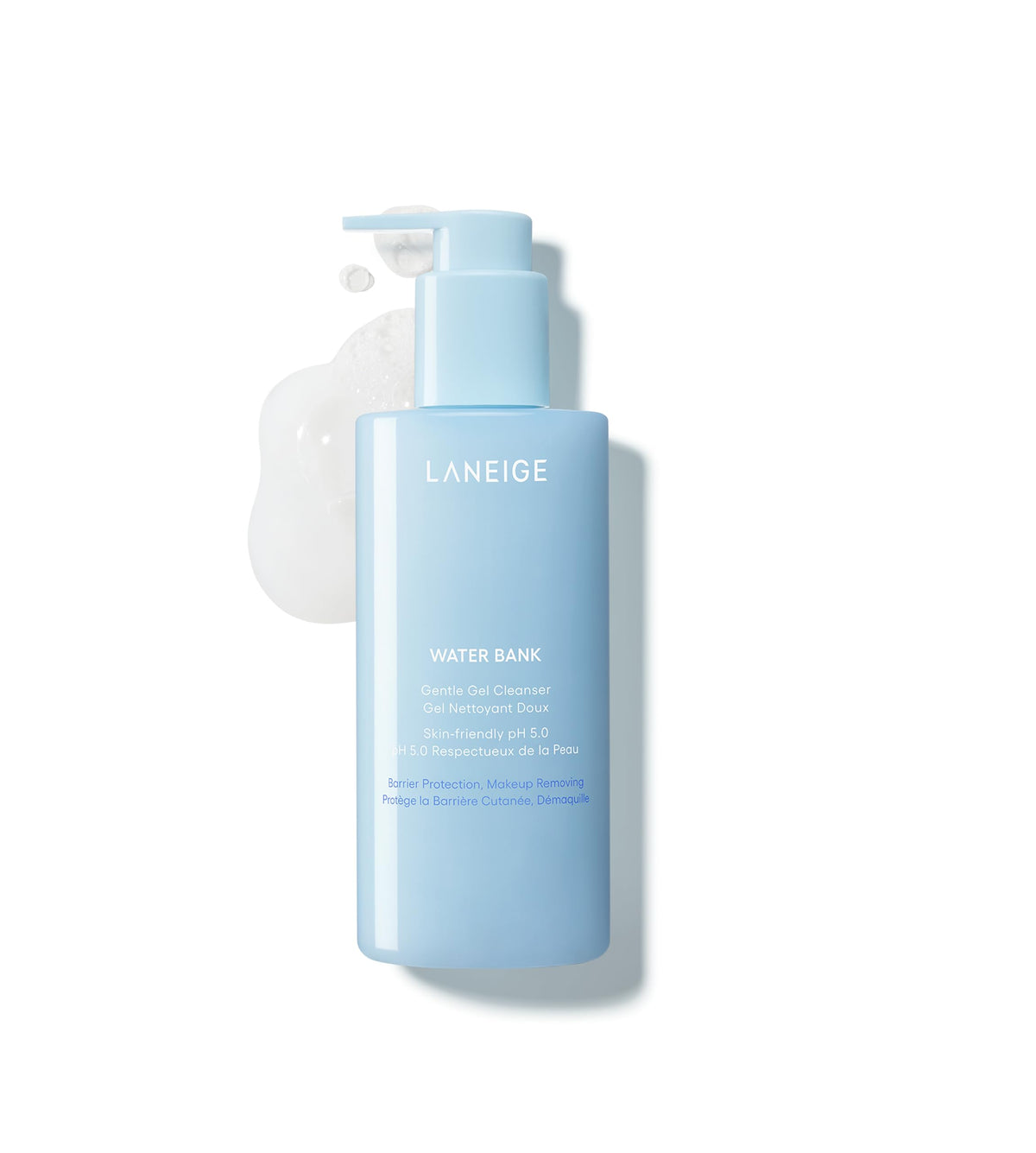 LANEIGE Water Bank Gentle Gel Cleanser bottle highlighting hydrating, pH-balanced cleansing.