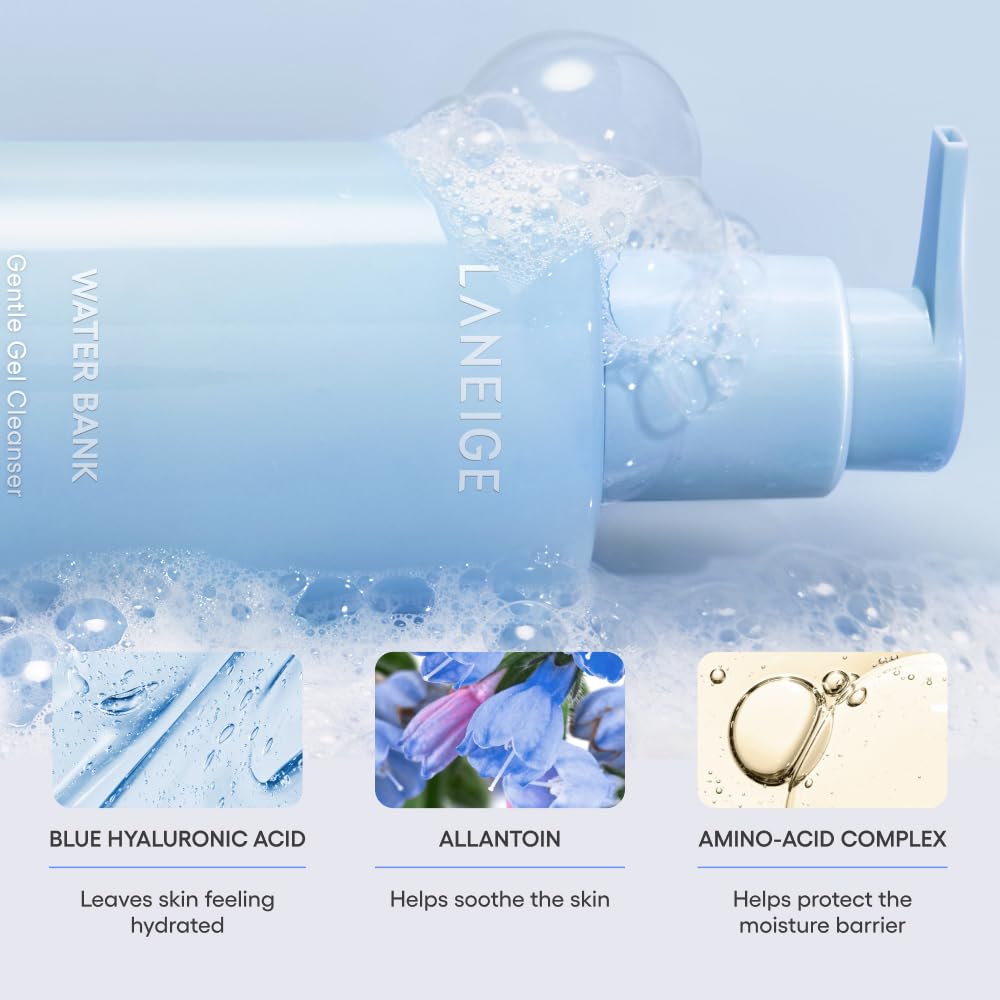LANEIGE Water Bank Gentle Gel Cleanser removing light makeup and sunscreen gently.