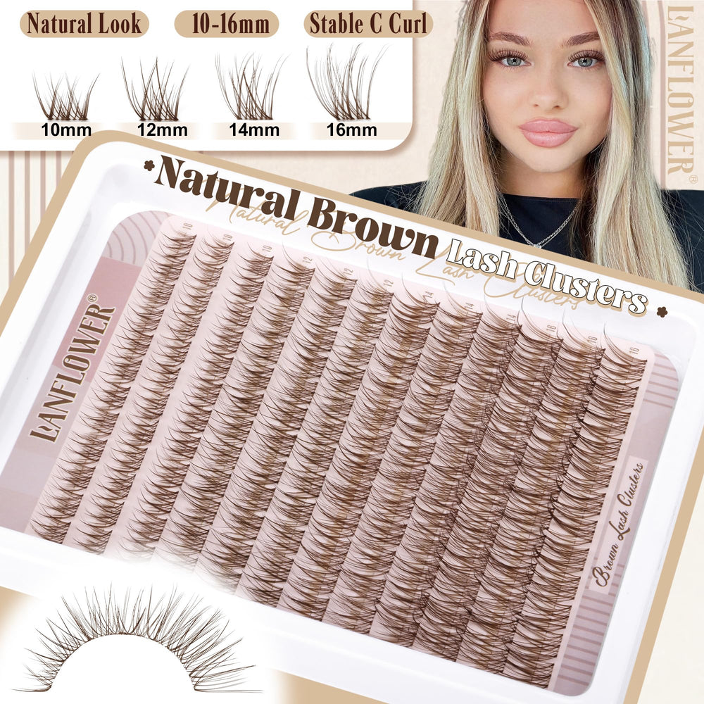 LANFLOWER Brown Lash Clusters Kit closeup shows wispy brown clusters for a natural blend.