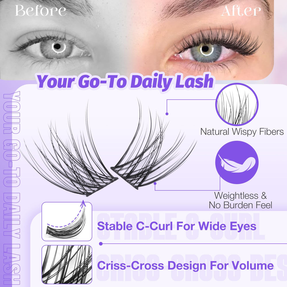 Lanflower C-curved wispy lash clusters enable easy DIY extensions at home.