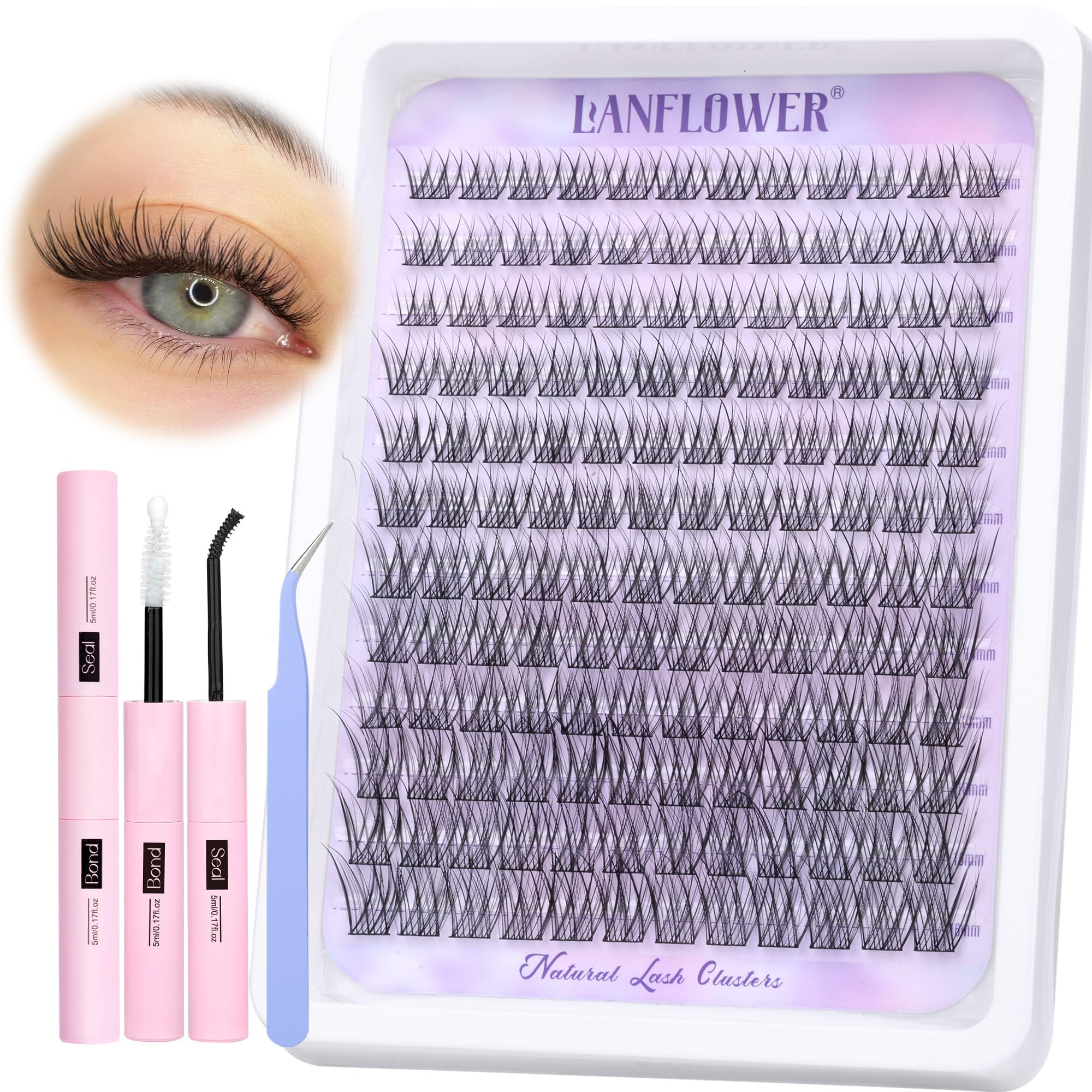 Lanflower natural lash clusters kit with wispy 10-16mm lashes for a light, natural look.