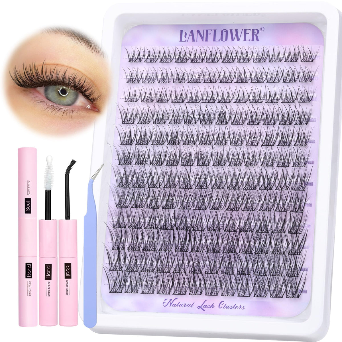 Lanflower natural lash clusters kit with wispy 10-16mm lashes for a light, natural look.