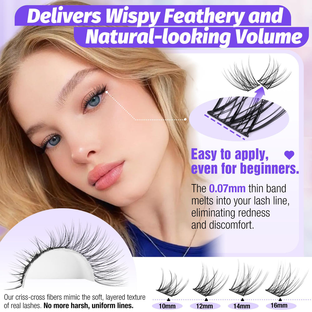 Lanflower soft-band lash clusters close up showing comfortable, lightweight wear.