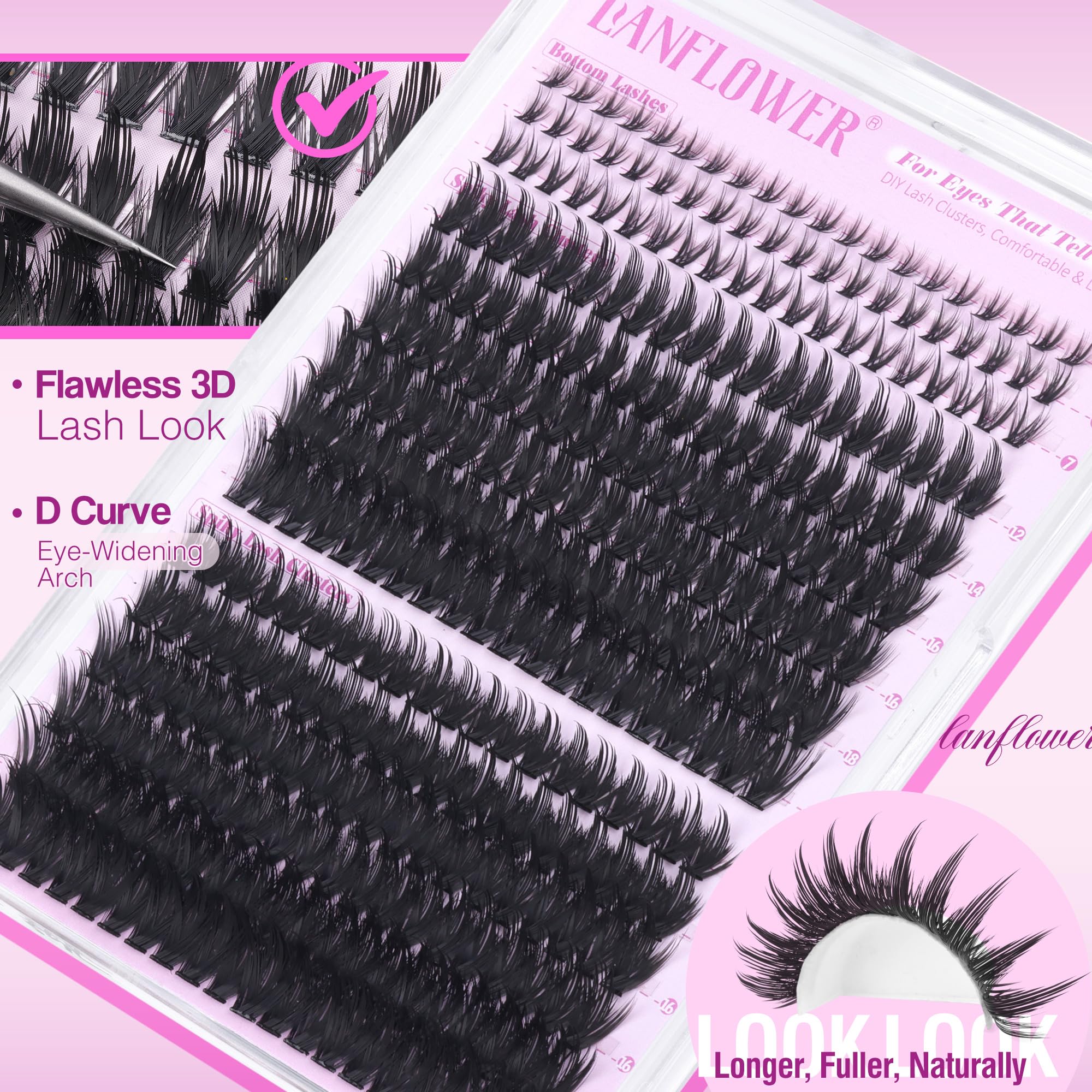 LANFLOWER wispy feather-texture clusters blend with natural lashes.