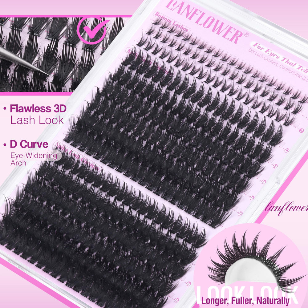 LANFLOWER wispy feather-texture clusters blend with natural lashes.
