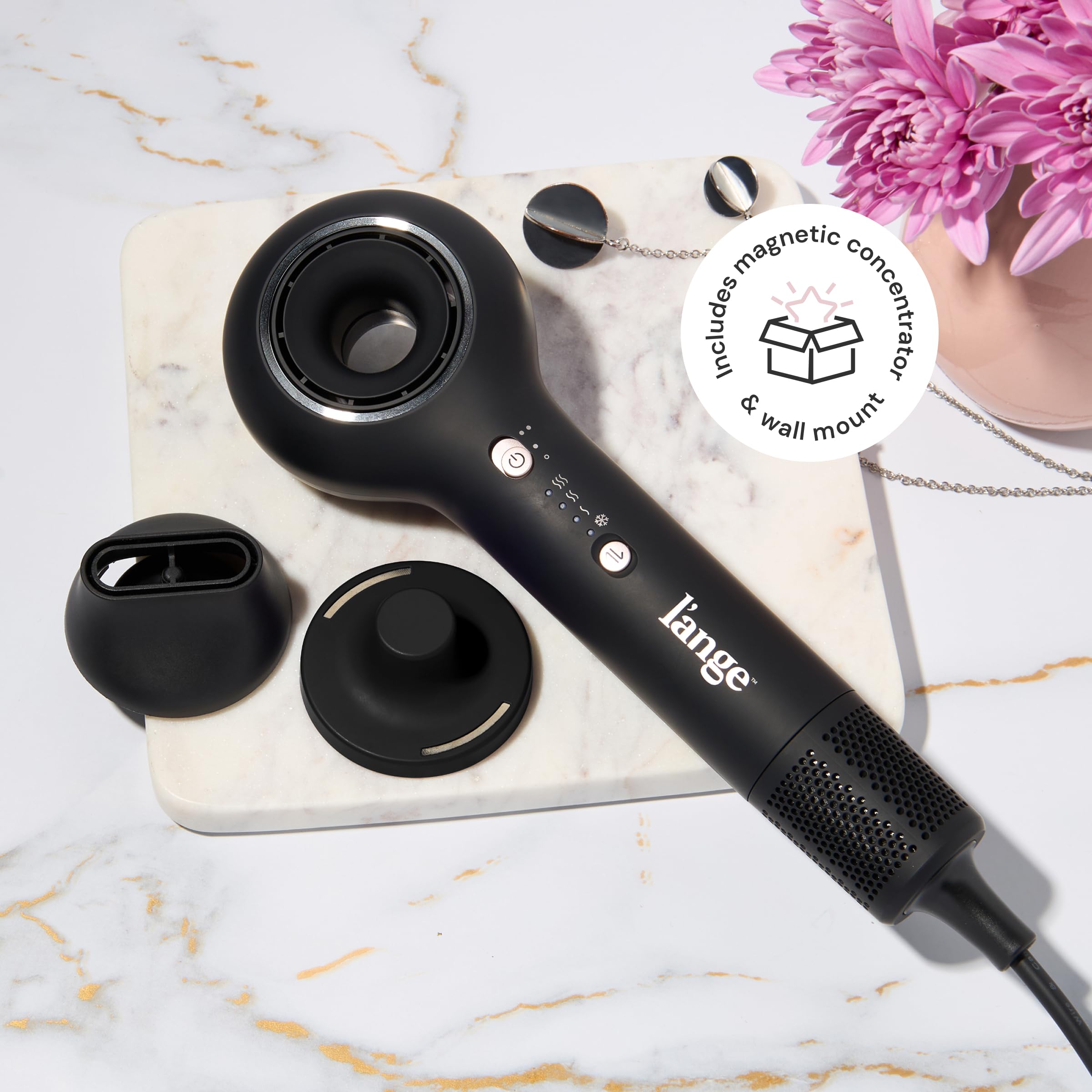 L'ANGE HAIR Axia HaloRing dryer on display showcases 4 heat settings and cool shot control.
