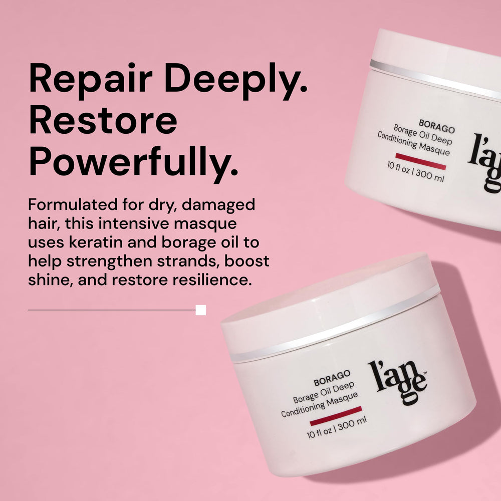 L'ANGE HAIR Borago Deep Conditioning Mask label close-up highlighting keratin and borage oil