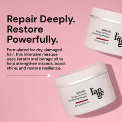 L'ANGE HAIR Borago Deep Conditioning Mask label close-up highlighting keratin and borage oil