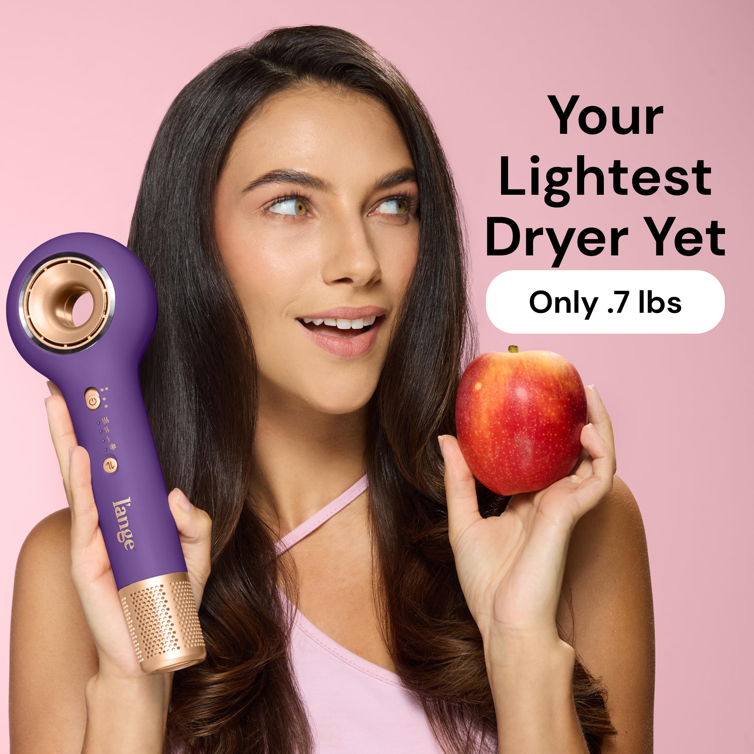 L'ANGE Axia HaloRing blowdryer illustrating 4 heat settings and 2 speeds.