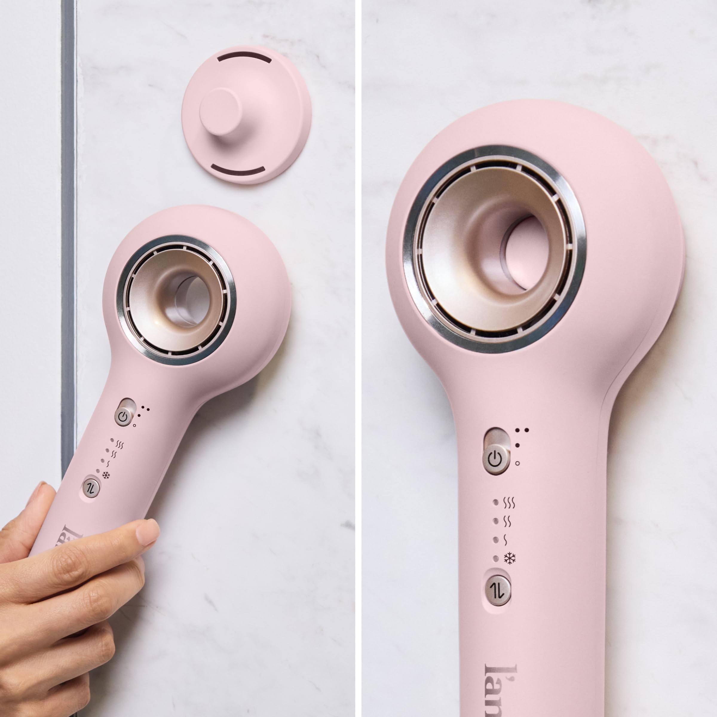 L'ANGE Hair Axia HaloRing dryer mounted on wall for easy storage.
