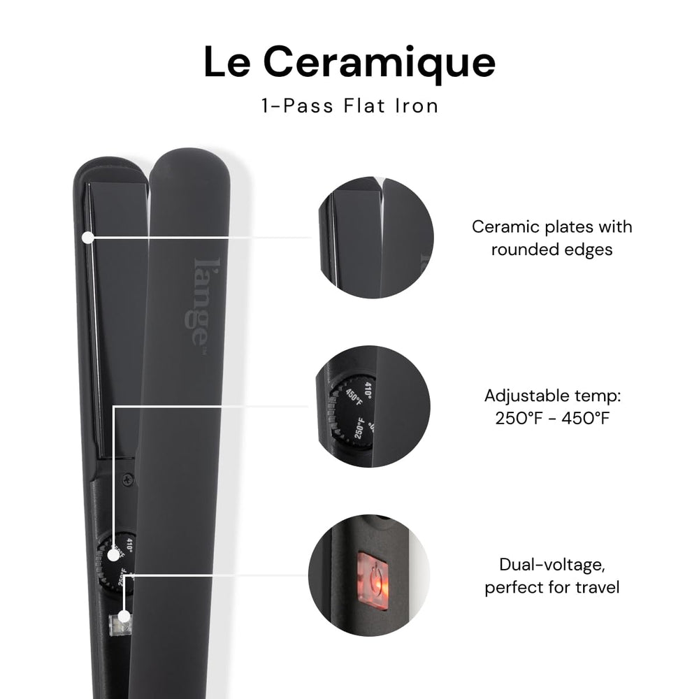 L'ANGE HAIR Le Ceramique plates close-up highlighting ceramic coating for moisture and shine.