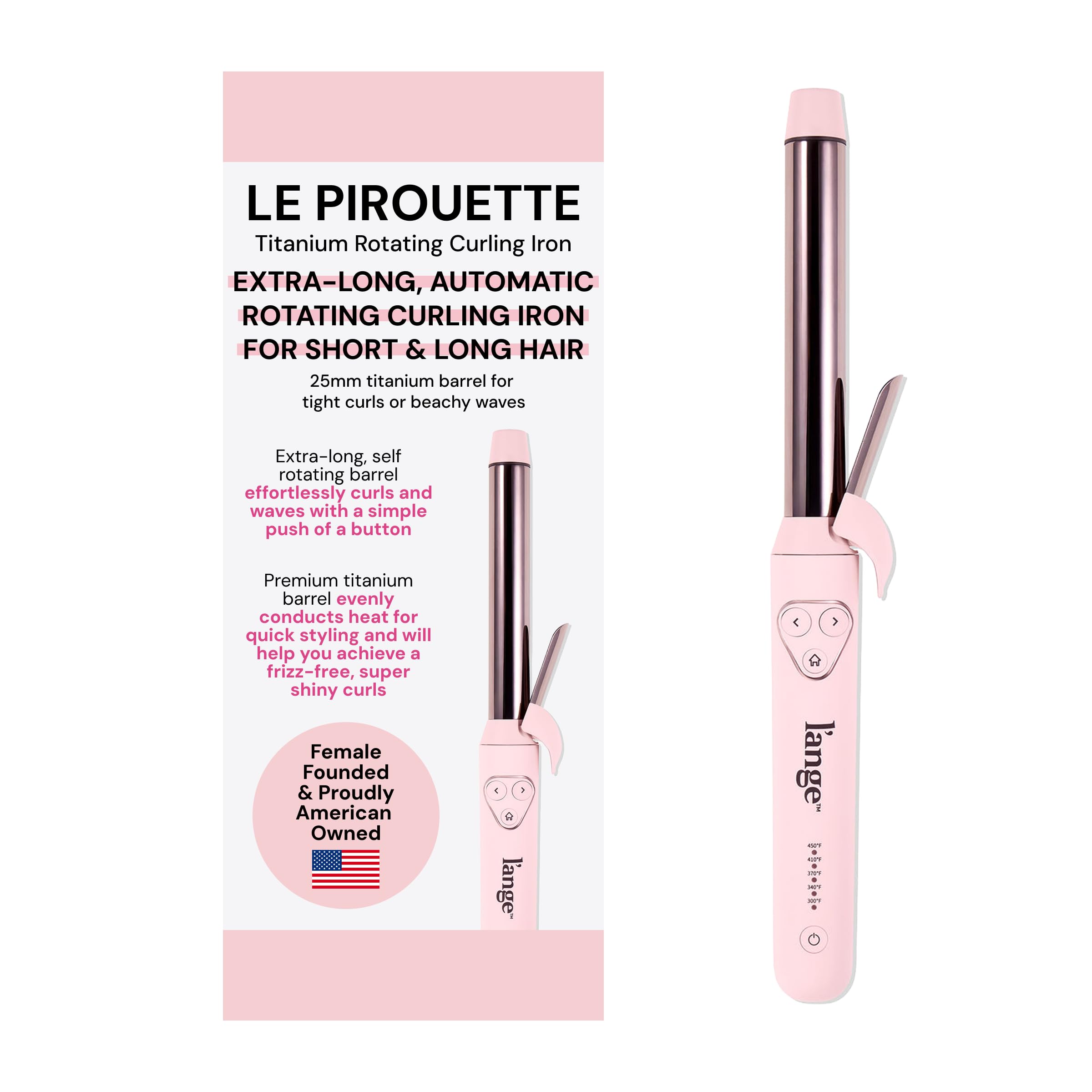 L'ANGE HAIR Le Pirouette with 25mm titanium rotating barrel delivering fast, long lasting curls