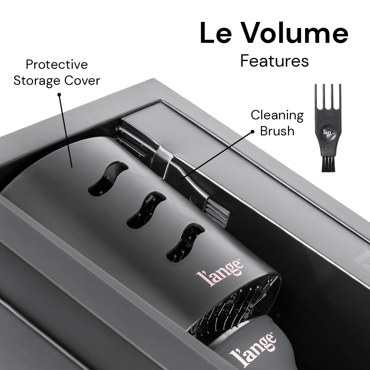 L'ANGE HAIR Le Volume 2-in-1 compact storage for tidy vanity setup.
