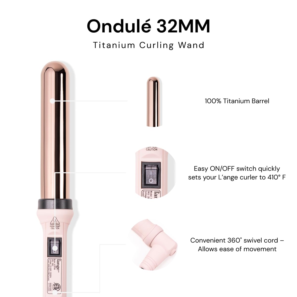 L'ANGE HAIR Ondulé curling wand with 360 swivel cord for easy maneuvering during styling.