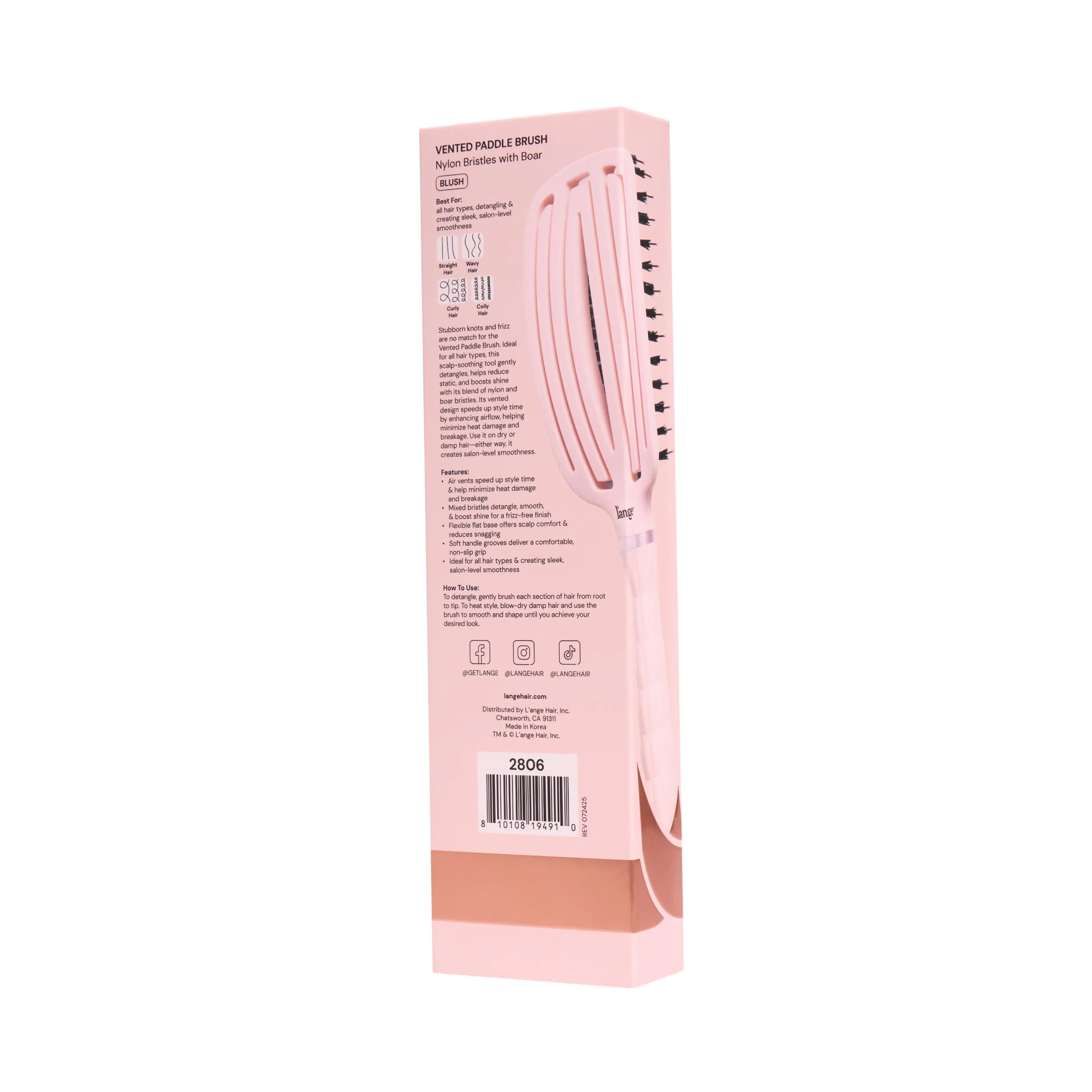L'ANGE HAIR paddle brush used on wet hair speeds detangling and drying.