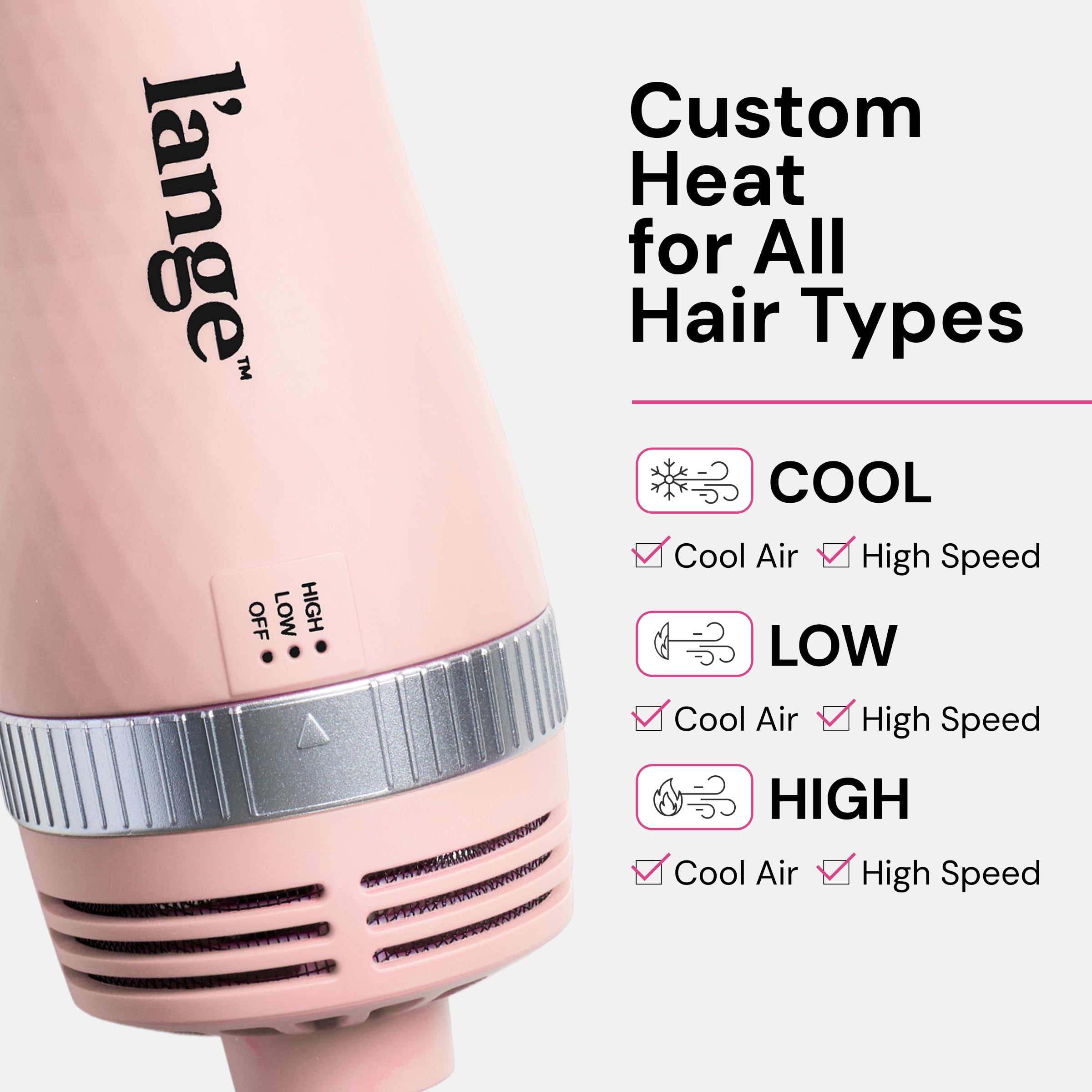 L'ANGE HAIR VolumeBoost dual-heat settings for customizable styling.