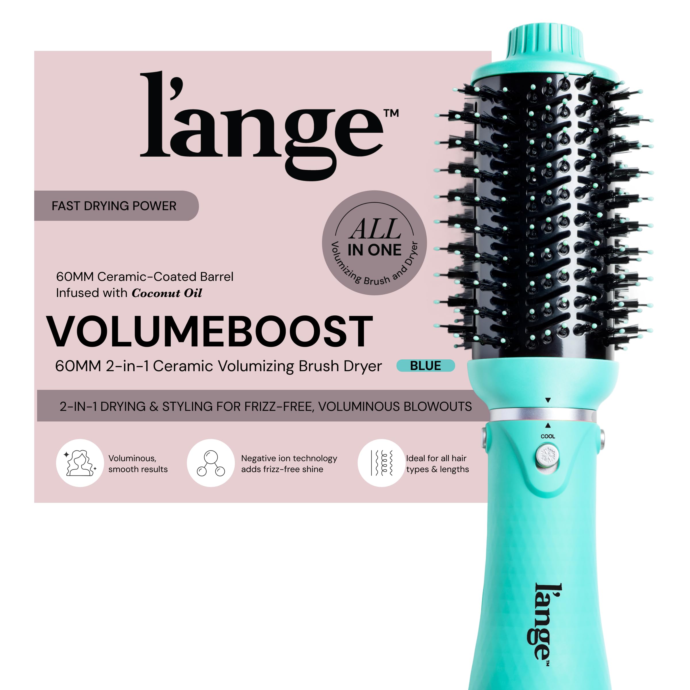 L'ANGE VolumeBoost 60mm ceramic barrel delivers smooth, voluminous blowouts.