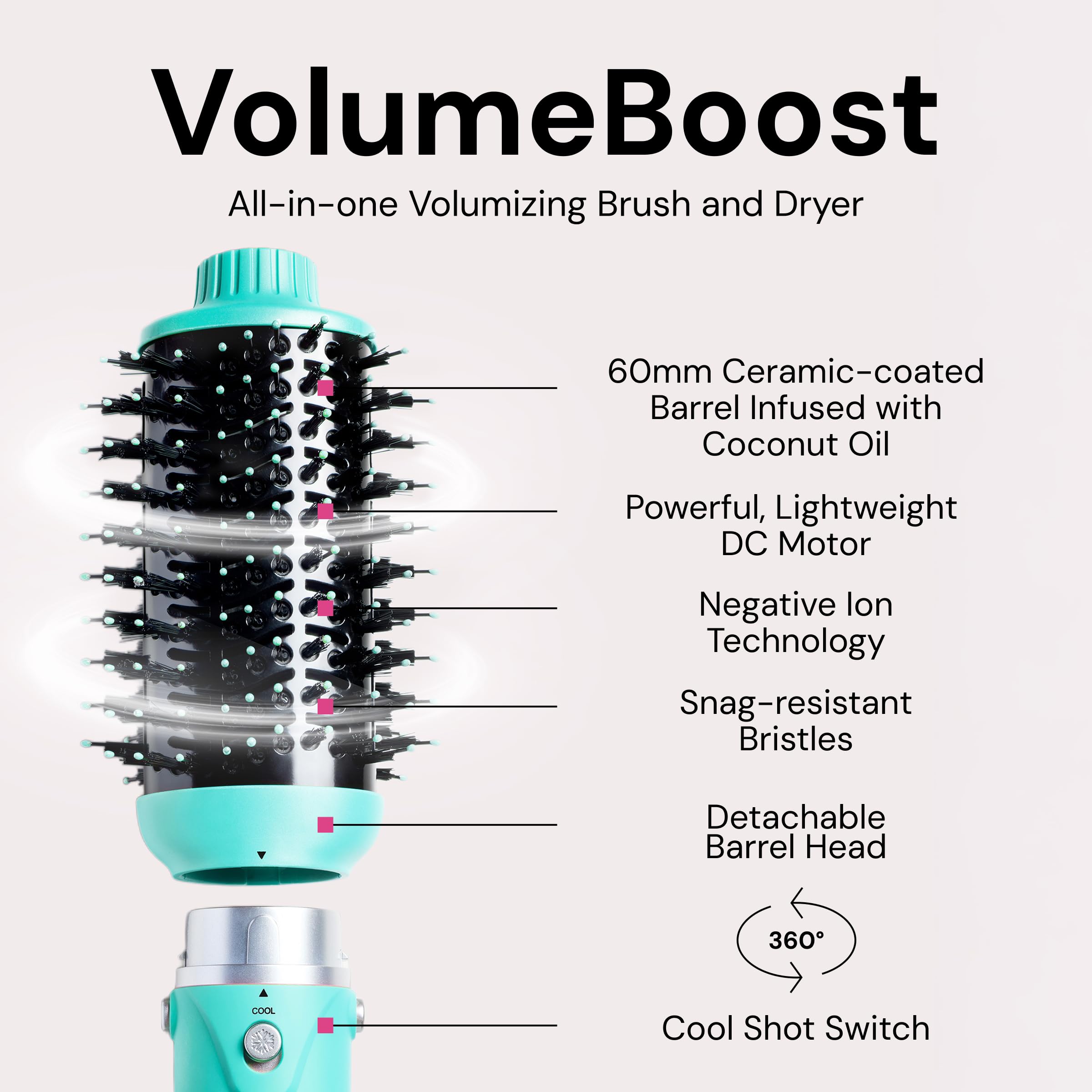 L'ANGE VolumeBoost snag-resistant bristles glide through hair for easier styling.
