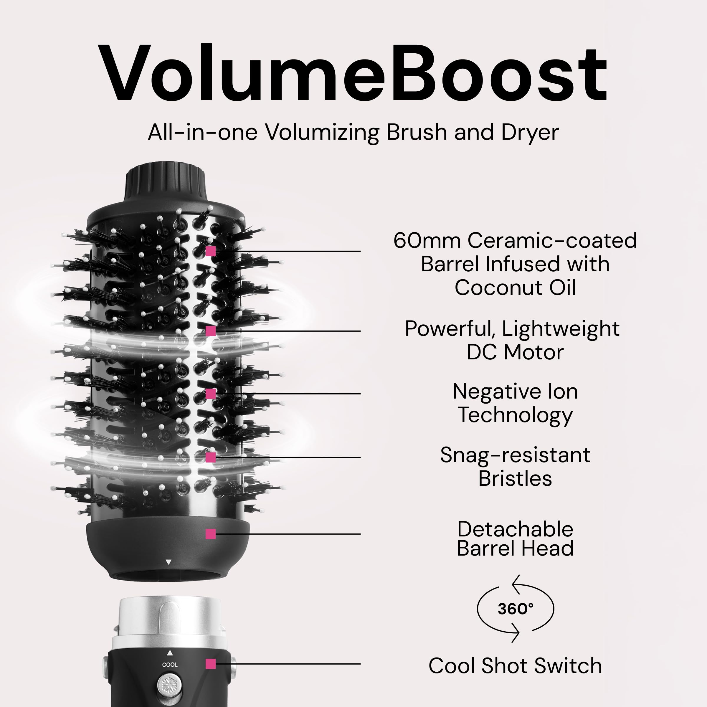 L'ANGE HAIR VolumeBoost ceramic barrel highlights even heat for smooth styling.