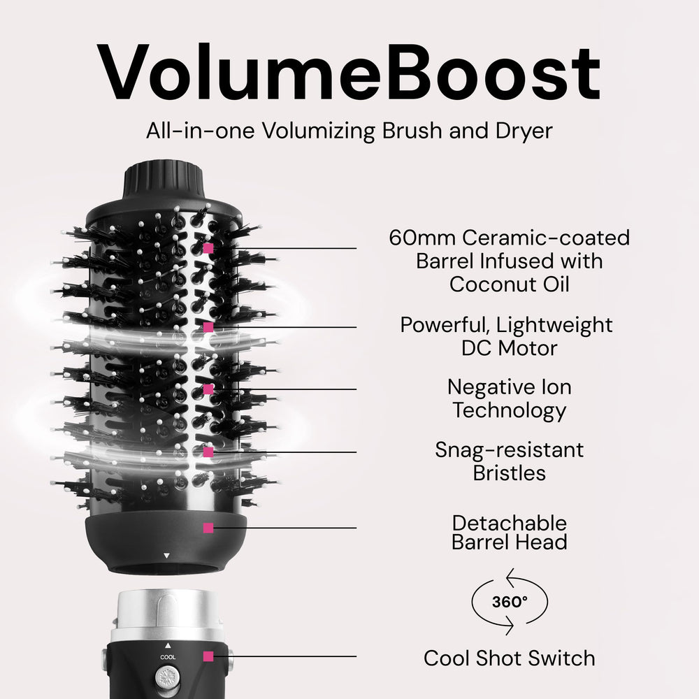 L'ANGE HAIR VolumeBoost ceramic barrel highlights even heat for smooth styling.