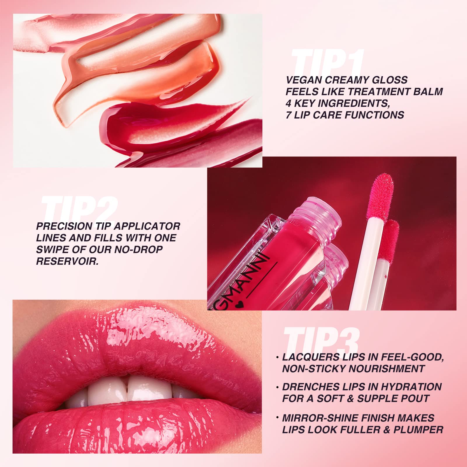LANGMANNI brillo labial tono coral brillante, aspecto fresco para verano.