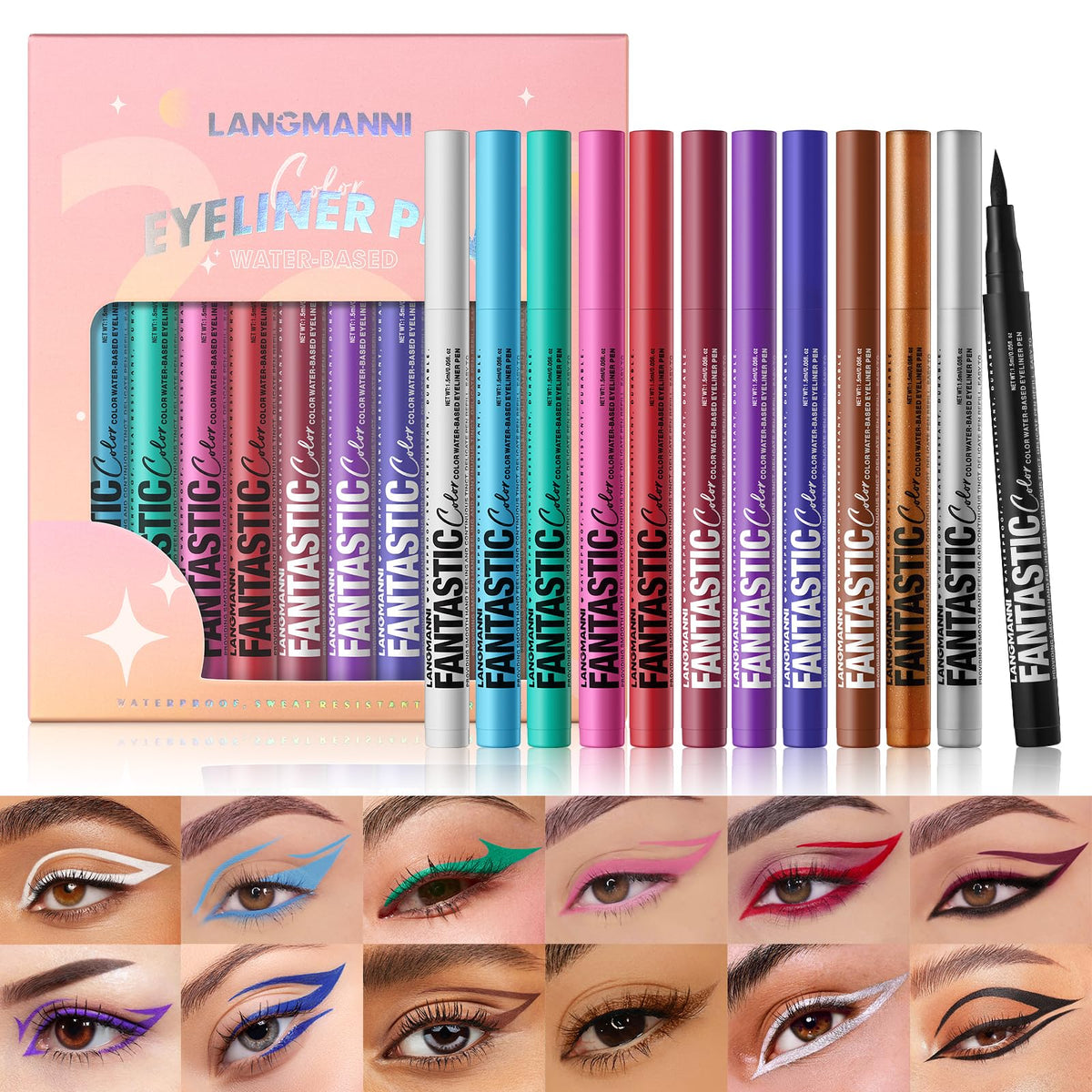LANGMANNI set de delineadores líquidos 12 colores en empaque elegante para regalo.