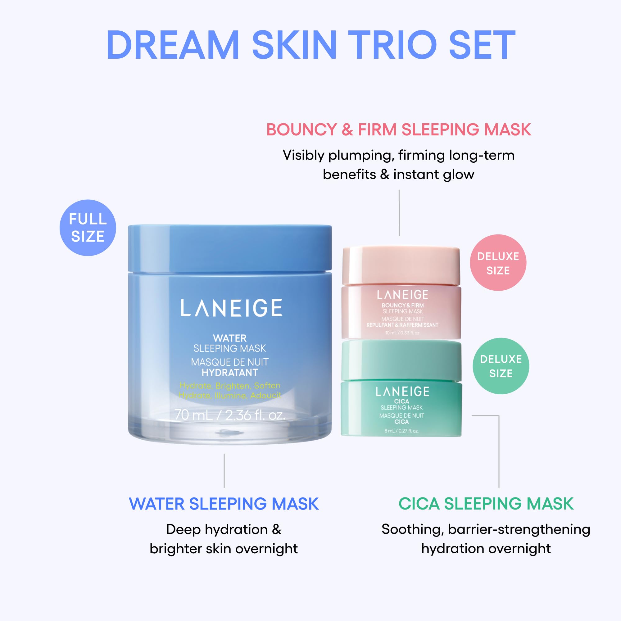 LANEIGE Dream Skin Trio masks closeup shows creamy textures ready for overnight care.