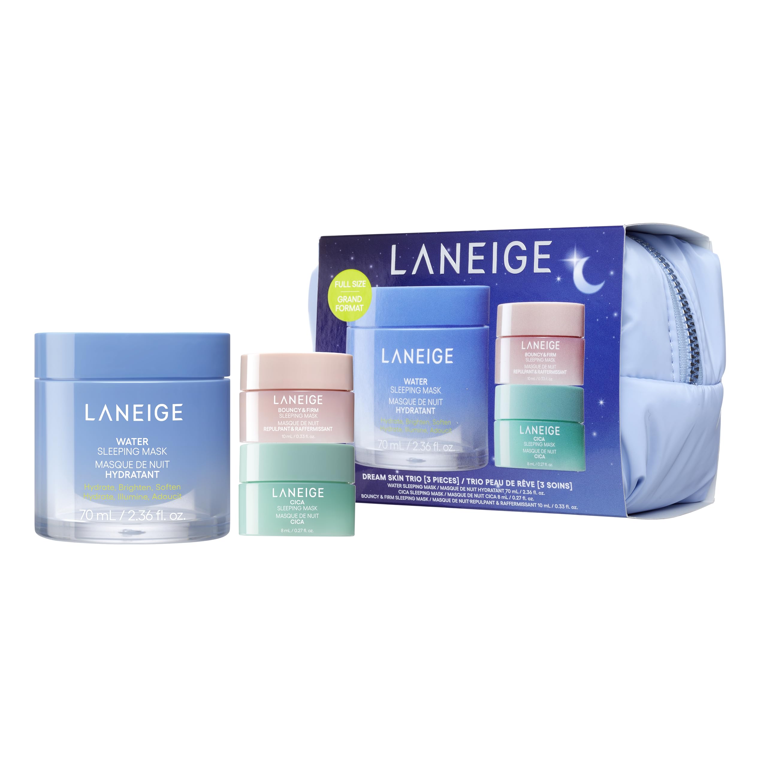 LANEIGE Dream Skin Trio packaging highlights three hydrating masks for nightly use.