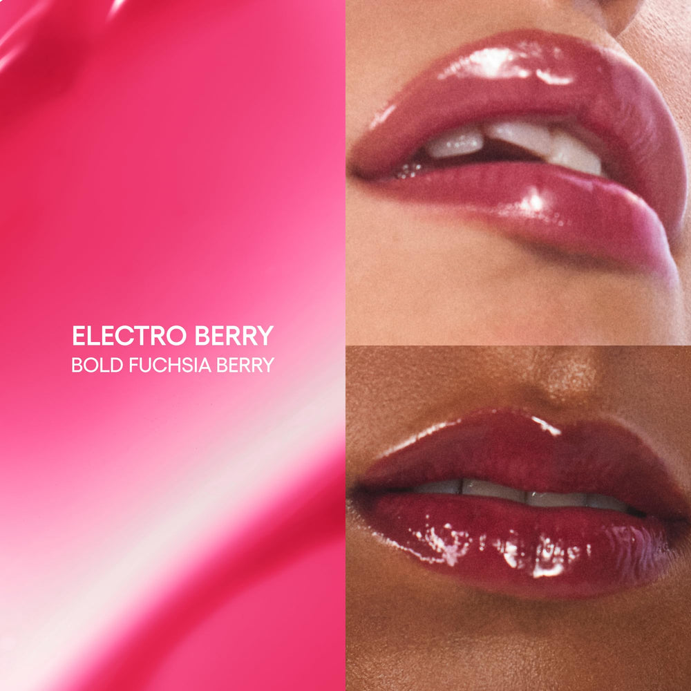 LANEIGE JuicePop Box Lip Tint Electro Berry swatches highlight buildable shade from sheer to bold.