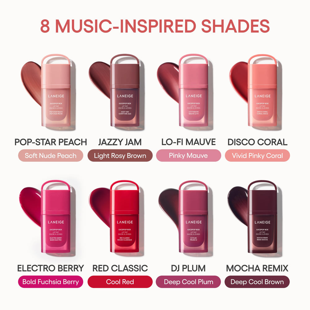 LANEIGE JuicePop Box Lip Tint packaging back shows shade Electro Berry.