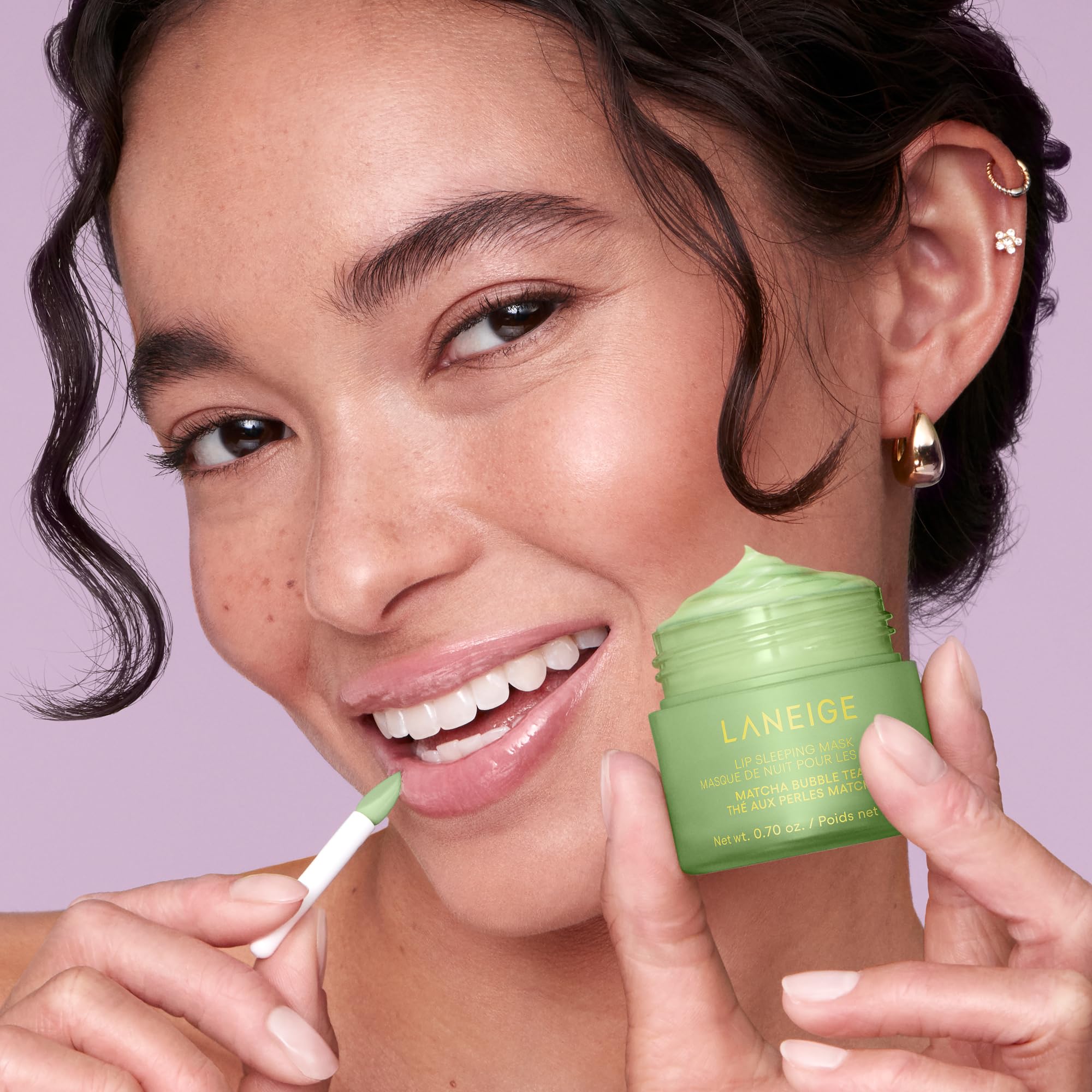 LANEIGE night ritual moment with Matcha Bubble Tea mask for overnight nourishing care.