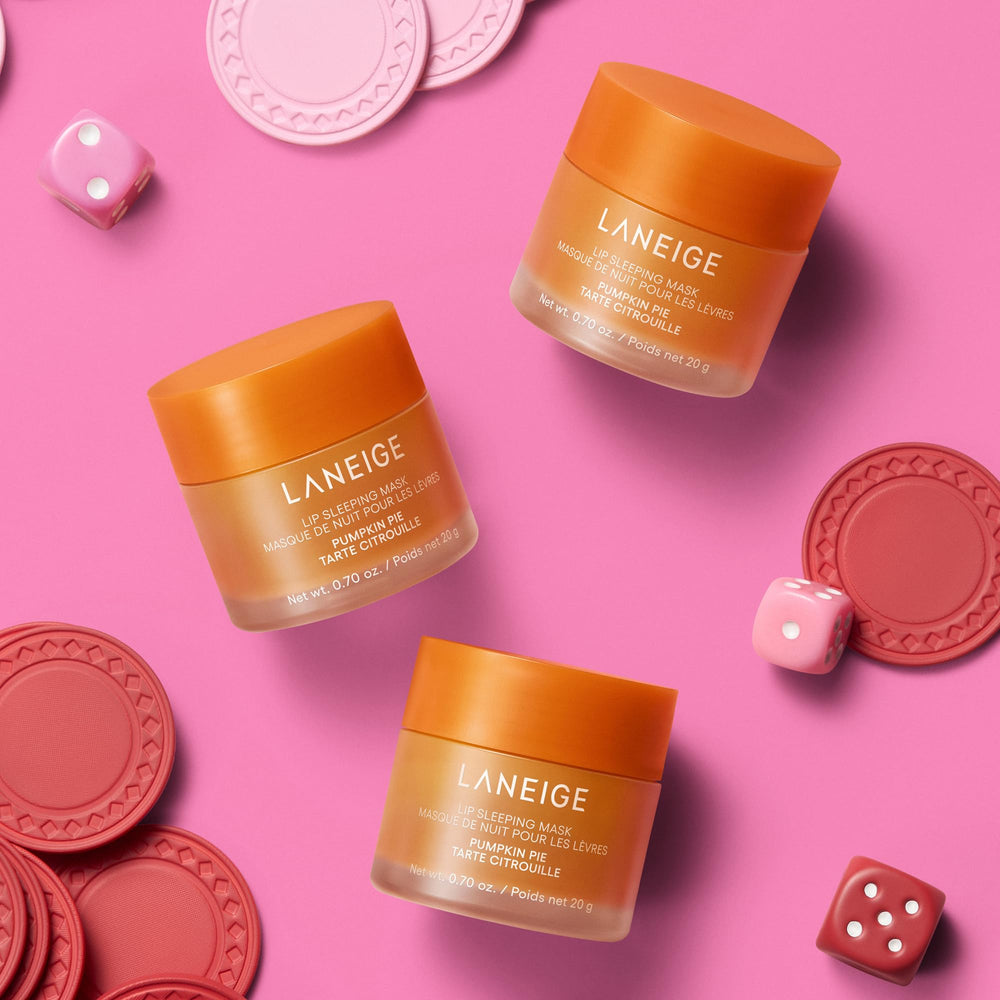 LANEIGE Lip Sleeping Mask Pumpkin Pie on nightstand scene for overnight routine