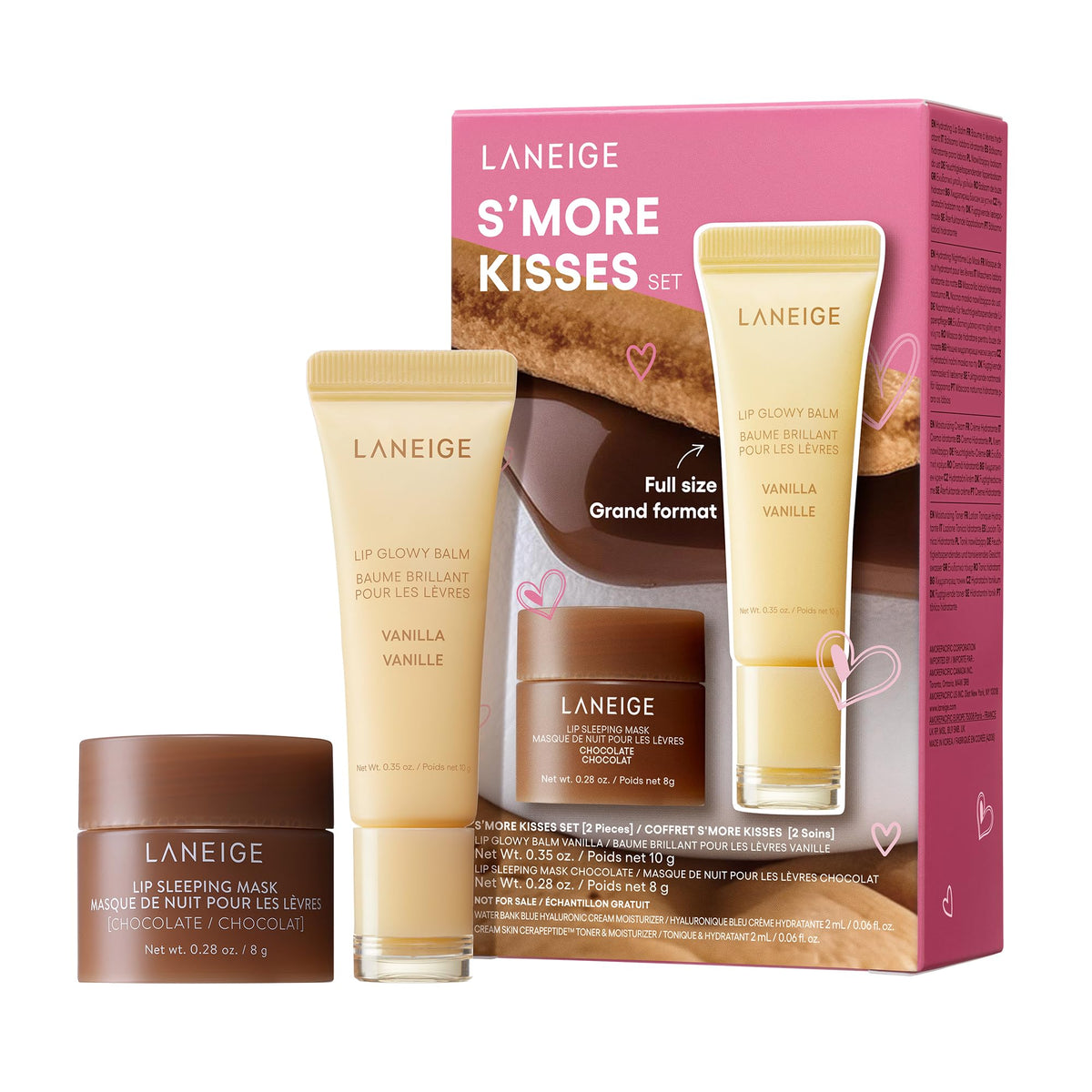 LANEIGE S’more Kisses Set: mascarilla labial chocolate, hidratación nocturna intensa para labios.
