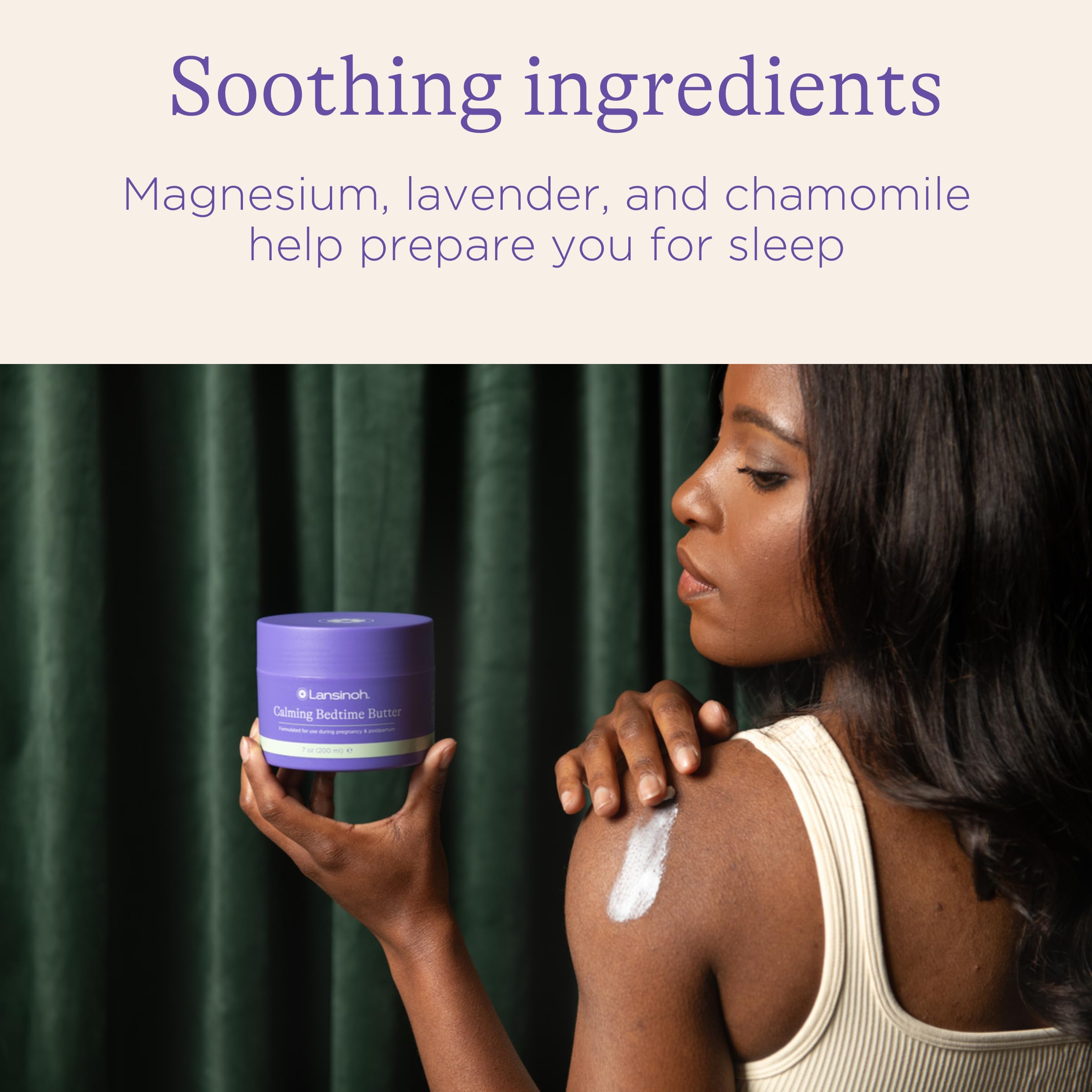 Lansinoh Magnesium Bedtime Butter aplicación en las manos para relajar músculos cansados