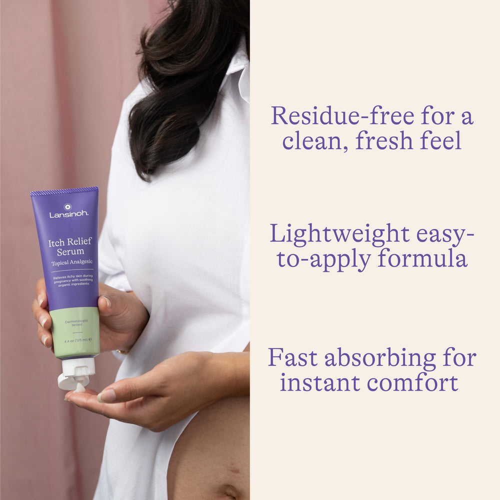 Lansinoh Sérum Antiprurito, prueba dermatológica e hipoalergénico para uso prenatal.