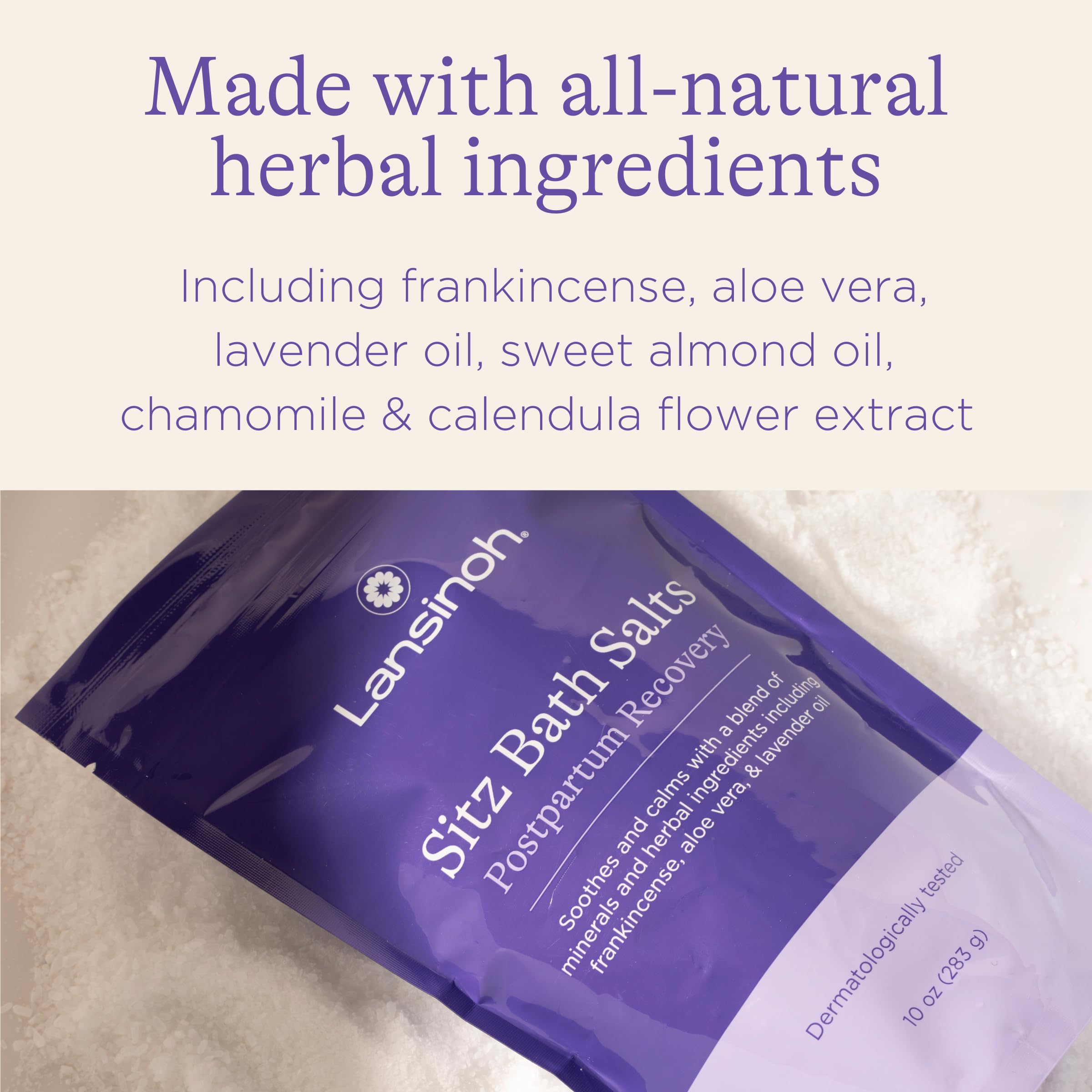 Lansinoh Sitz Bath Salts con aloe vera para hidratación suave.