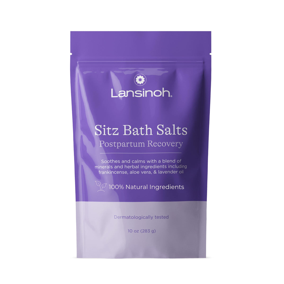 Lansinoh Sitz Bath Salts con lavanda para relajación posparto.