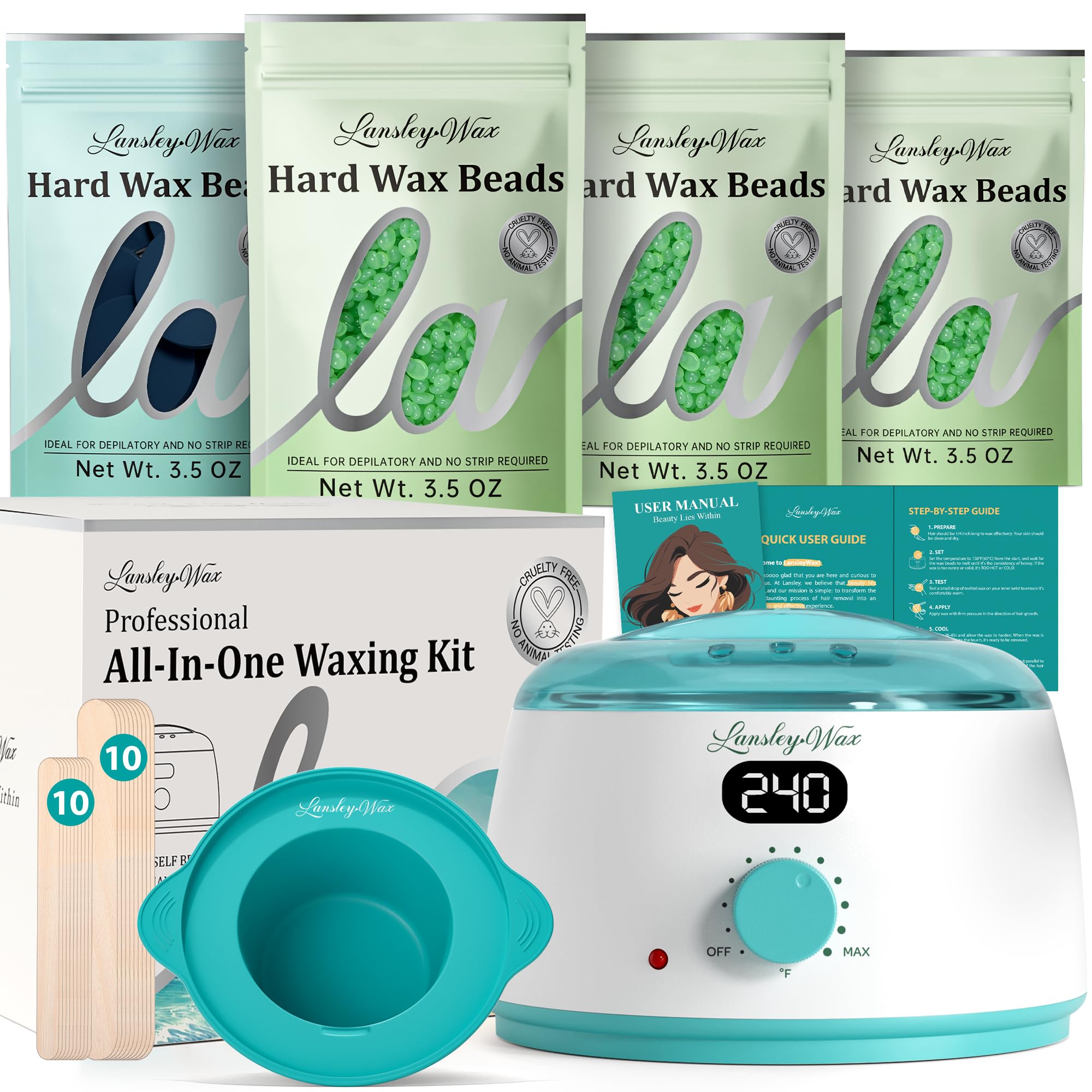 LANSLEYWAX digital waxing kit package shows home spa setup for easy routines.