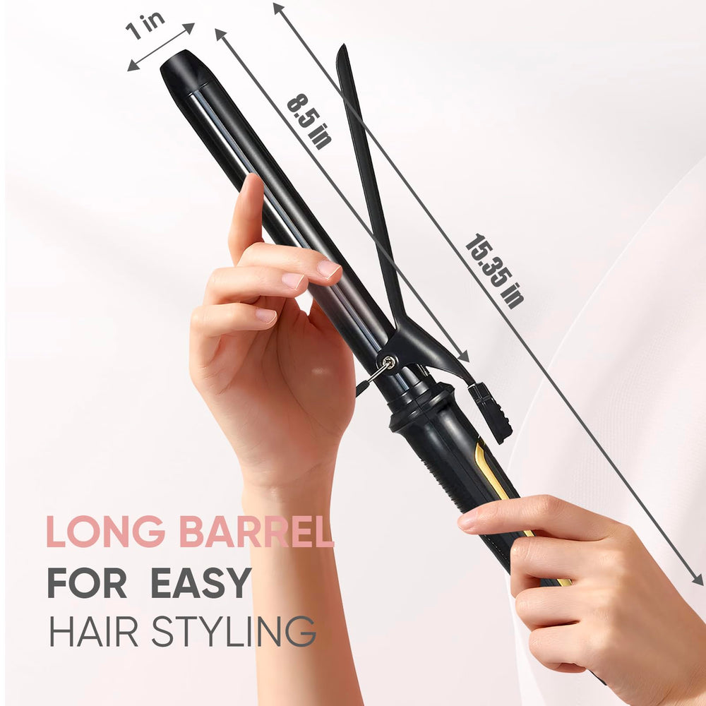 Lanvier curling iron highlighting ceramic tourmaline coating for smooth curls.