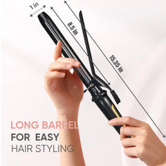 Lanvier curling iron highlighting ceramic tourmaline coating for smooth curls.
