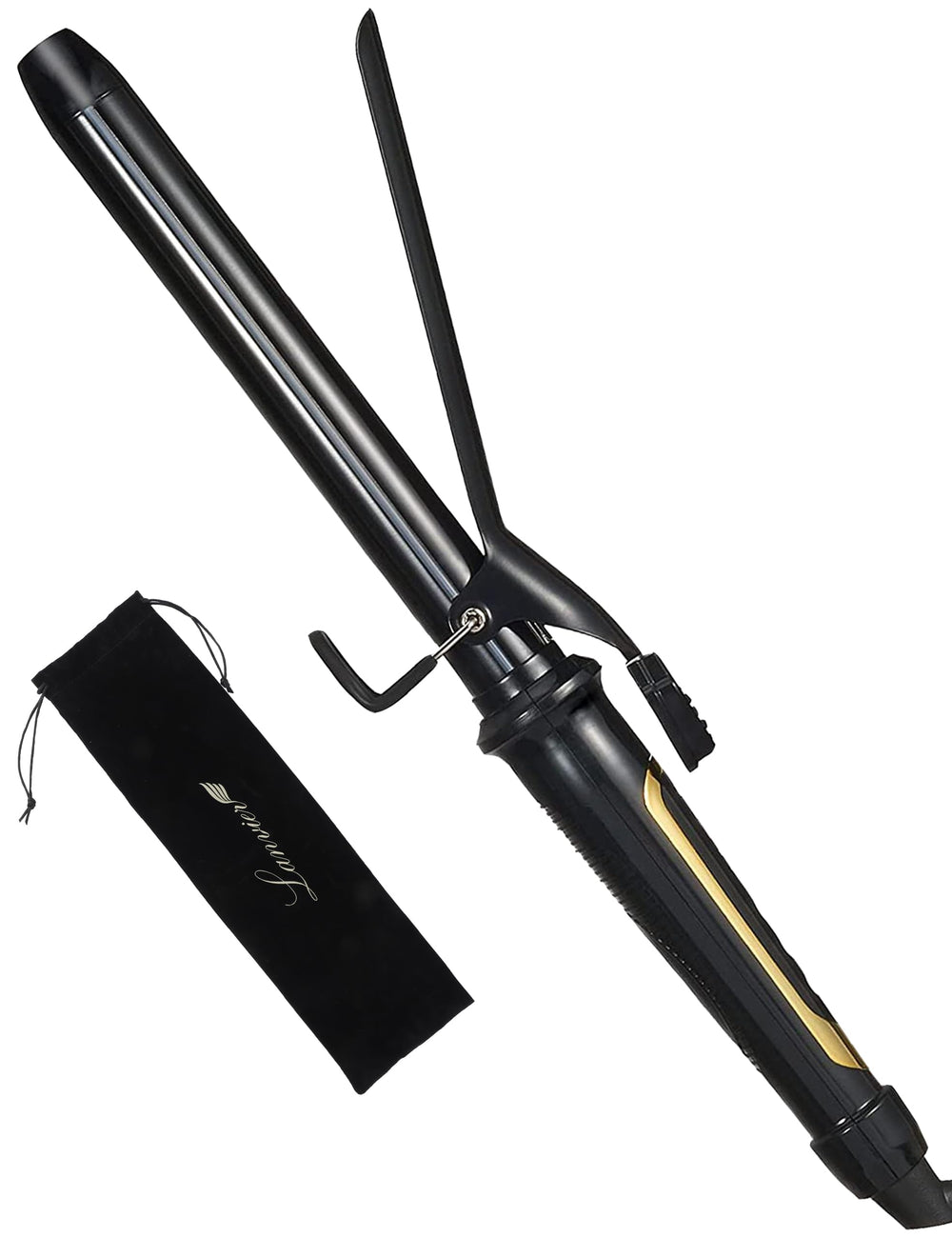 Lanvier long-barrel curling iron showing an 8.5-inch barrel for long-hair styling.