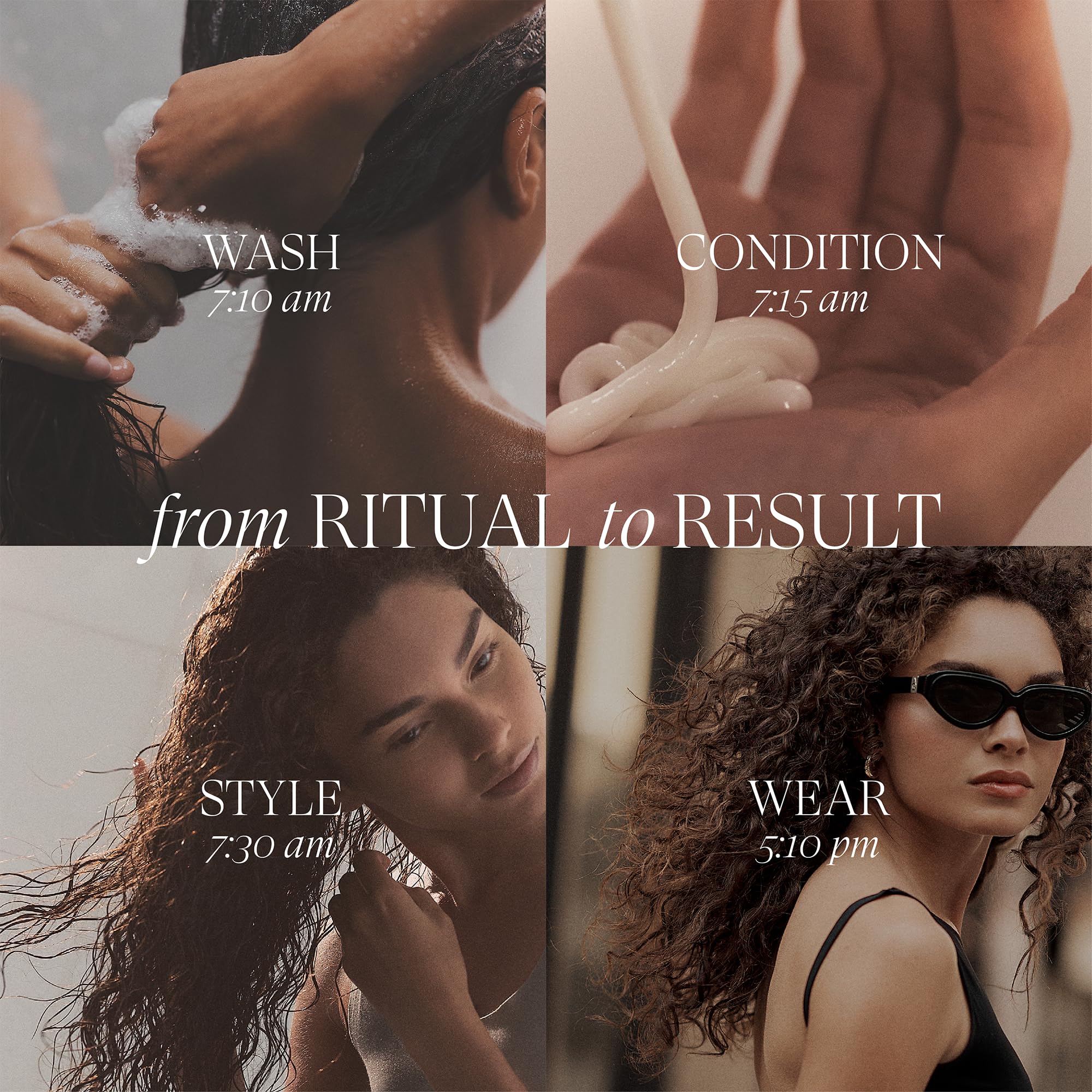 Conditioner being dispensed from bottle for smooth, manageable hair