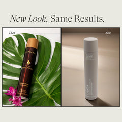L’ANZA Keratin Healing Oil Brush Thru Hairspray bottle back highlights color-safe formula and UV protection.